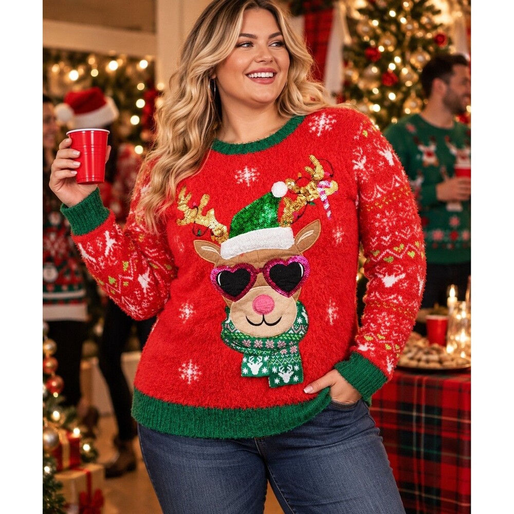 Festive Ugly Christmas Sweater Reindeer Sequin Fuzzy Red Green Holiday Time XL